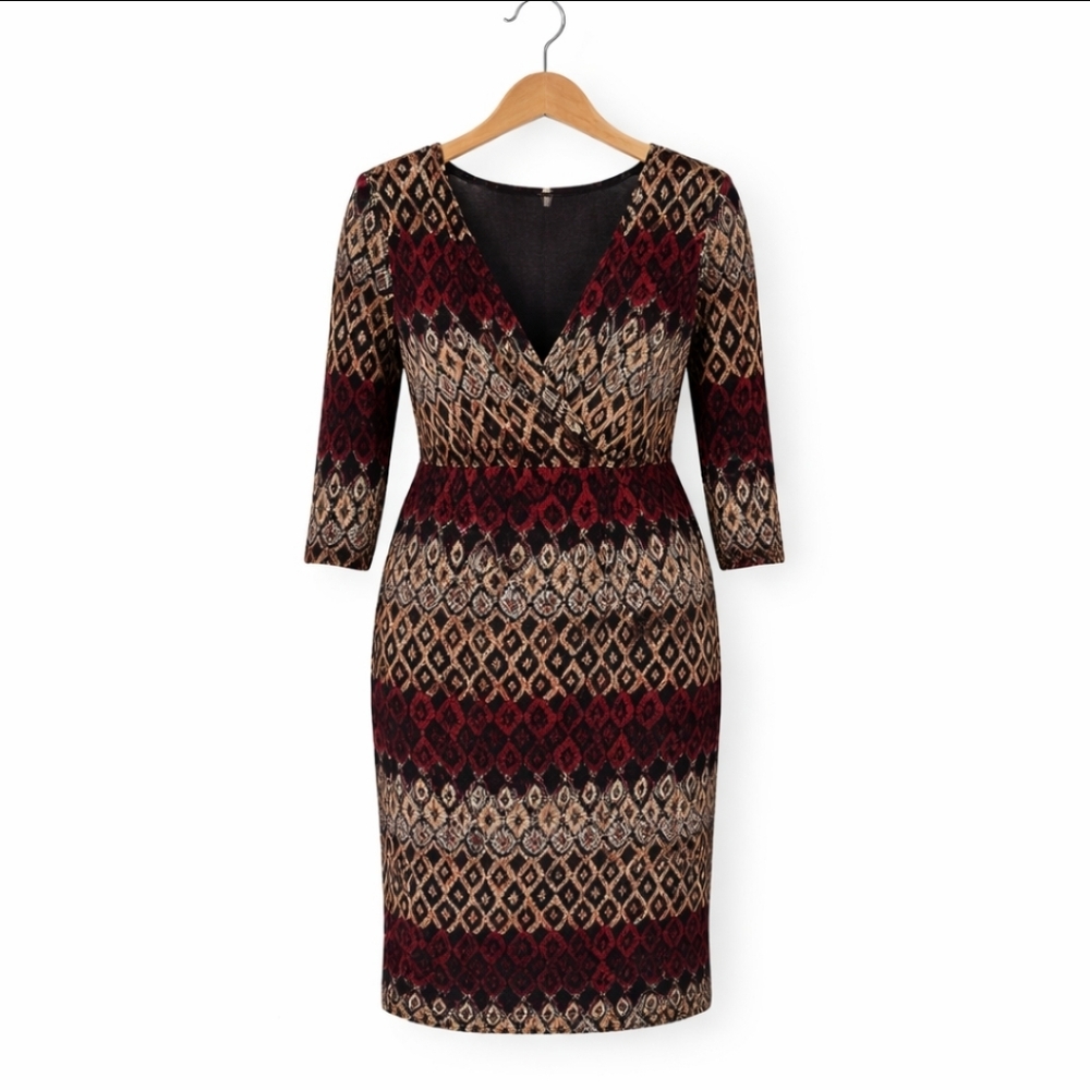 Just My Size Burgundy & Beige Geometric Faux Wrap Stretch Midi Dress 3/4 Sz 26